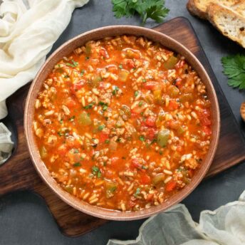 Overhead view of a bowl of Stuffed Pepper Soup.