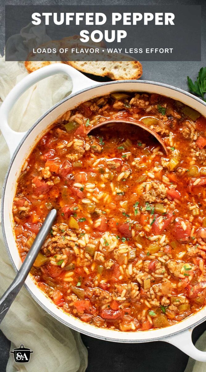 Pinterest pin image for Stuffed Pepper Soup.