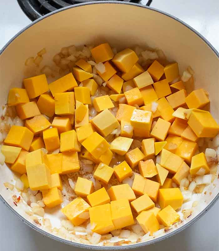 Onions and butternut squash on board for a quick saute.