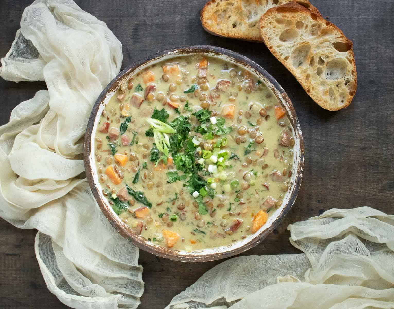 A bowl of Green Curry Lentil Soup.