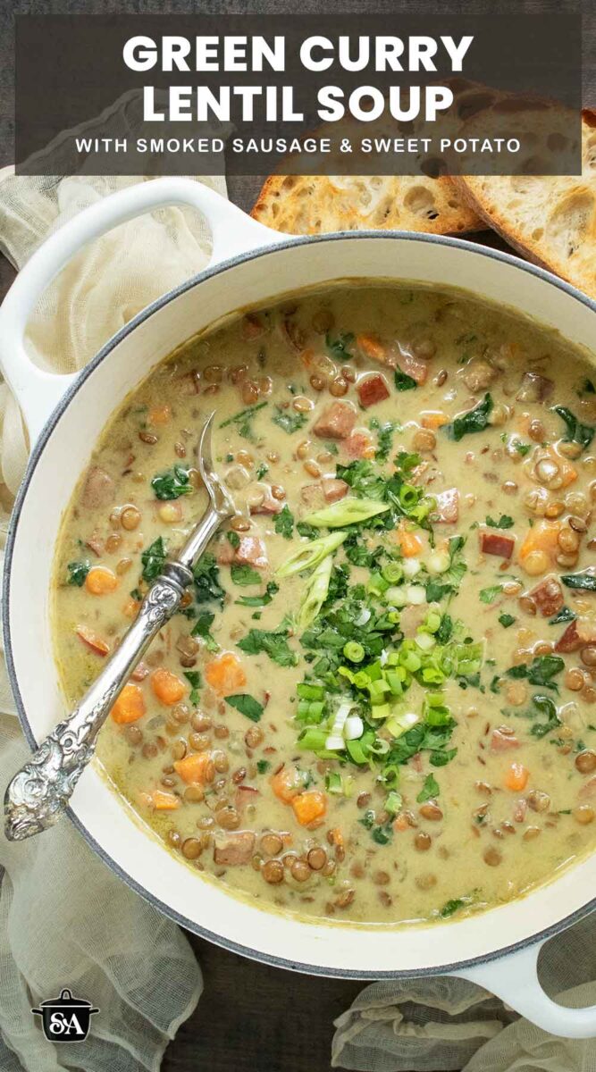 Pinterest pin image featuring Green Curry Lentil Soup in a large white Dutch oven with a serving spoon.