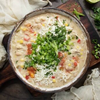 Overhead view of Southwest White Chicken Chili in a bowl.