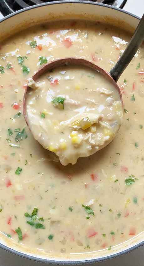 A copper ladle filled with Southwest White Chicken Chili, ready to serve!
