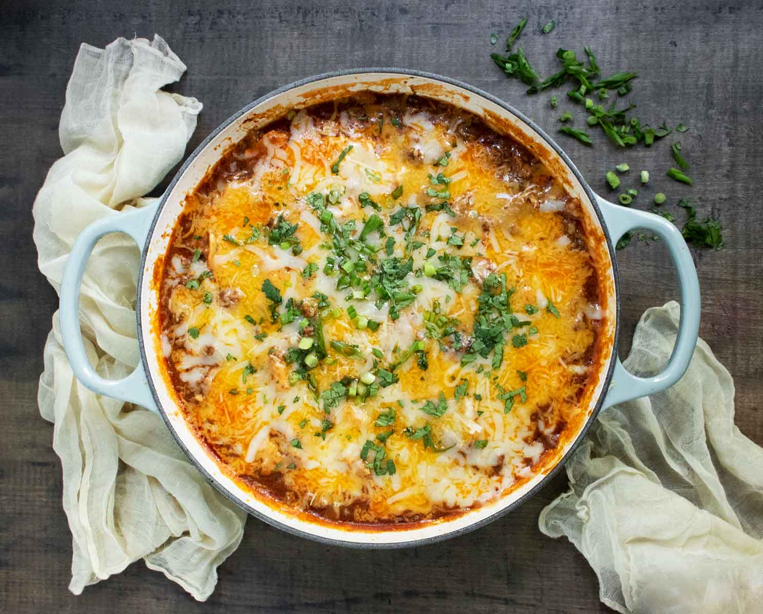 Overhead view of Cheesy Beef Enchilada Skillet.