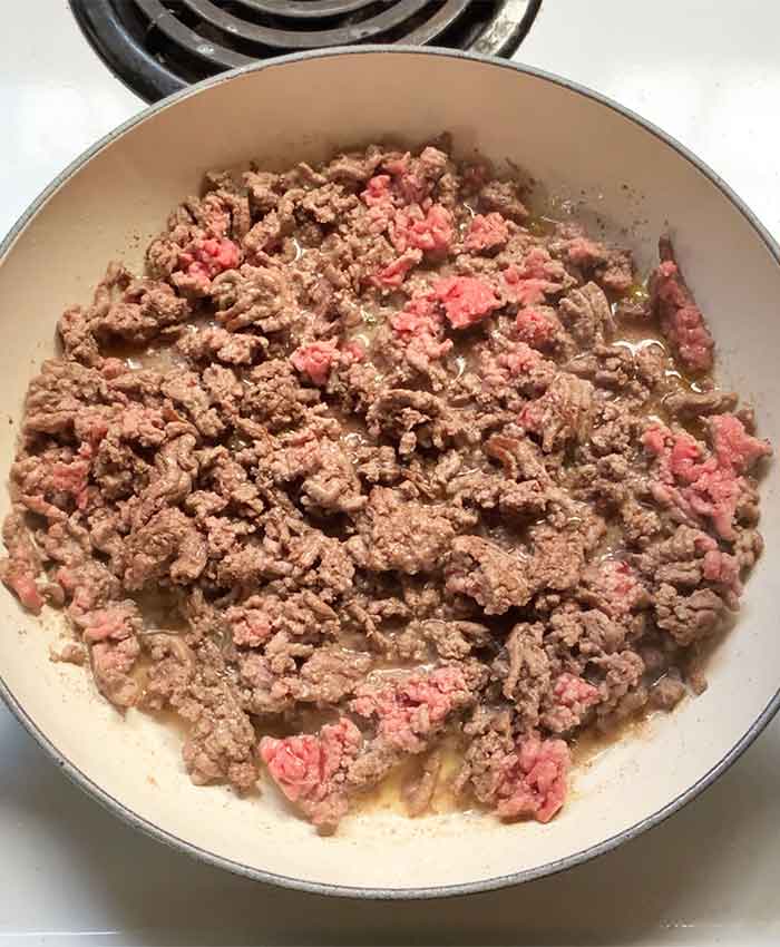 The ground beef mostly browned in the pan. Mostly.