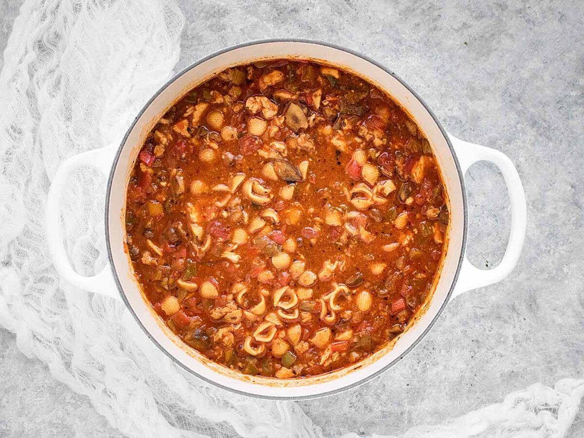 Overhead view of Chicken Chili Soup in a Dutch oven.