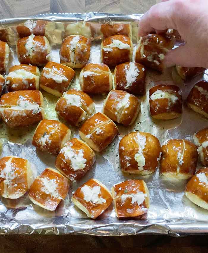 Arranging the bites on a foil-lined baking sheet. It's beautiful, ranchy chaos.