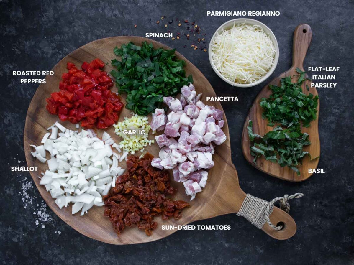 Ingredients prepped and arranged on wooden boards.