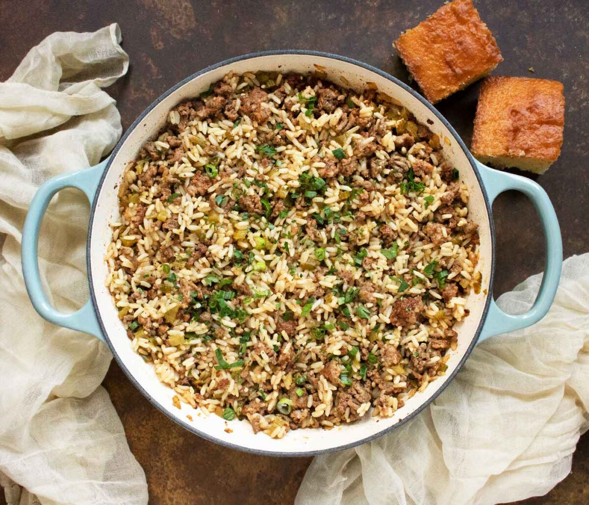 Overhead view of Easy Dirty Rice in a large skillet.