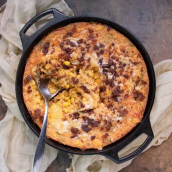 Overhead view of Jalapeno Corn Casserole in a skillet.