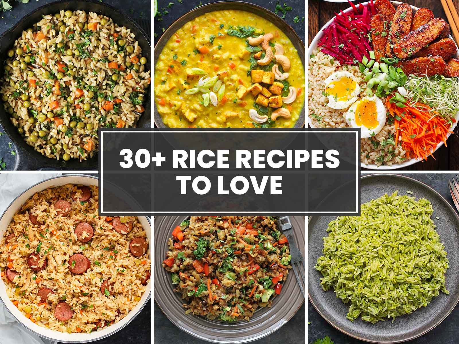 Photo collage of 6 rice recipes.