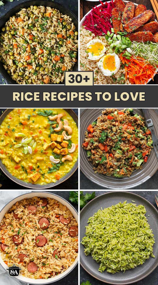 Pinterest pin image for rice recipes round-up featuring a collage of 6 recipe photos.