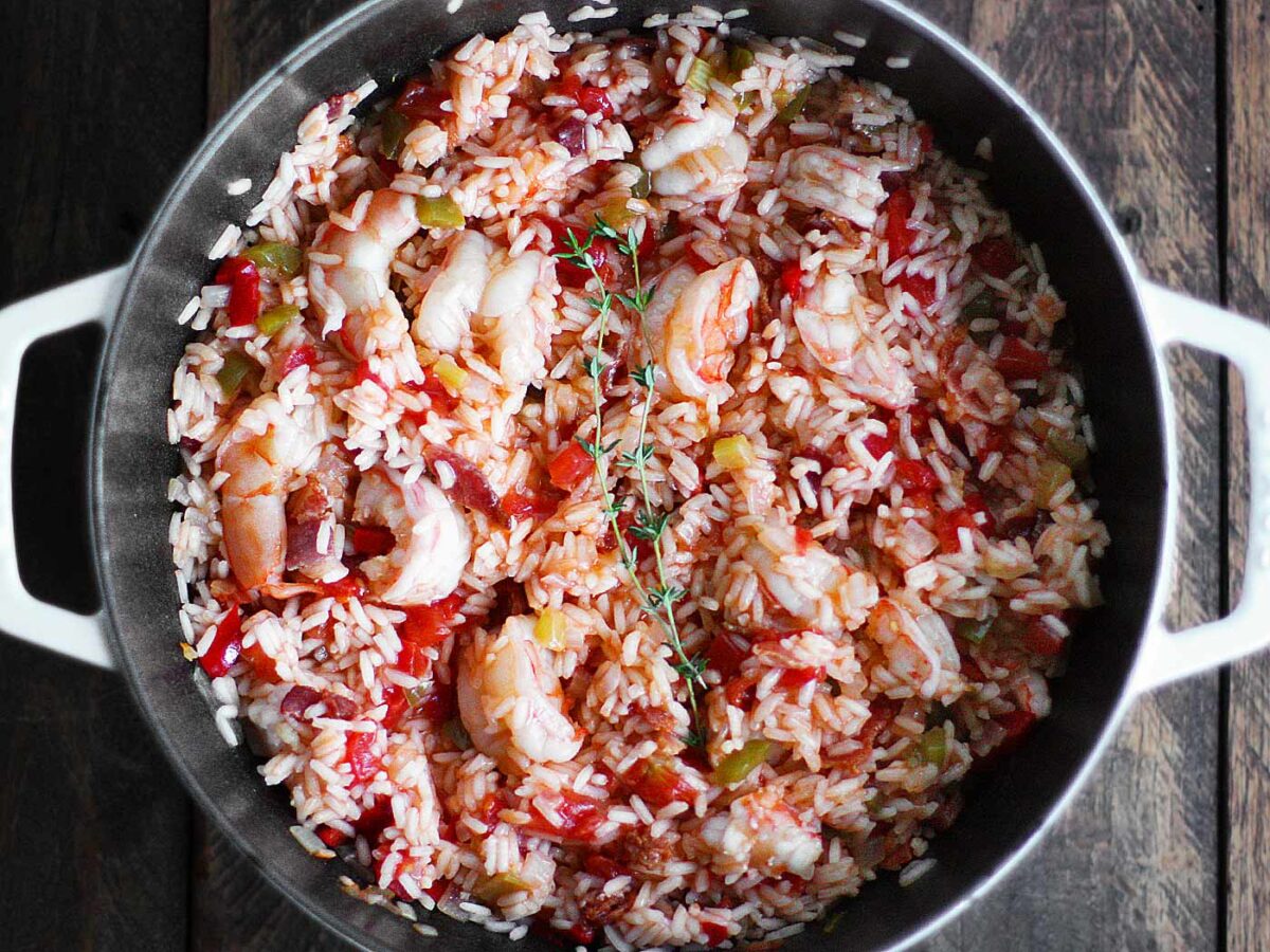 Shrimp Perloo in a large Dutch oven.