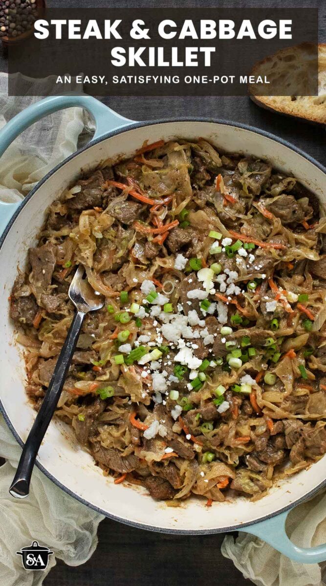 Pinterest pin image featuring overhead view of Steak and Cabbage Skillet.