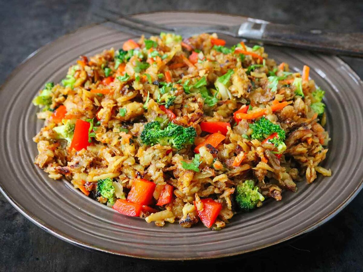 Sweet Potato Fried Rice Stir-Fry in a gray, large-rimmed bowl.
