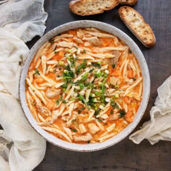 Thai Fusion Chicken Noodle Soup in a bowl.