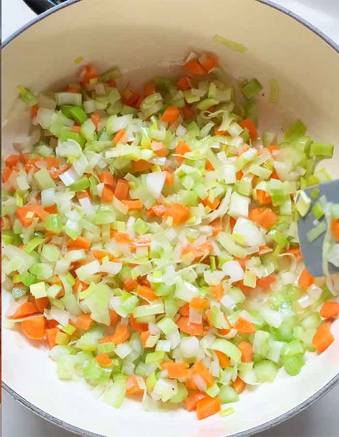 Onions, celery, carrots, and leeks softened and to receive the seasonings.