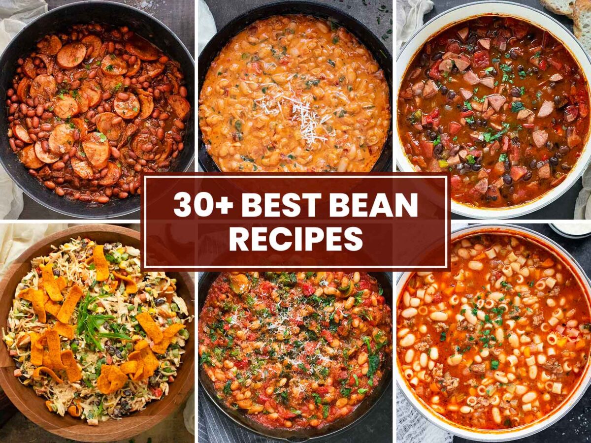 Photo collage of 6 bean recipes with a text overlay reading 30+ Best Bean Recipes.