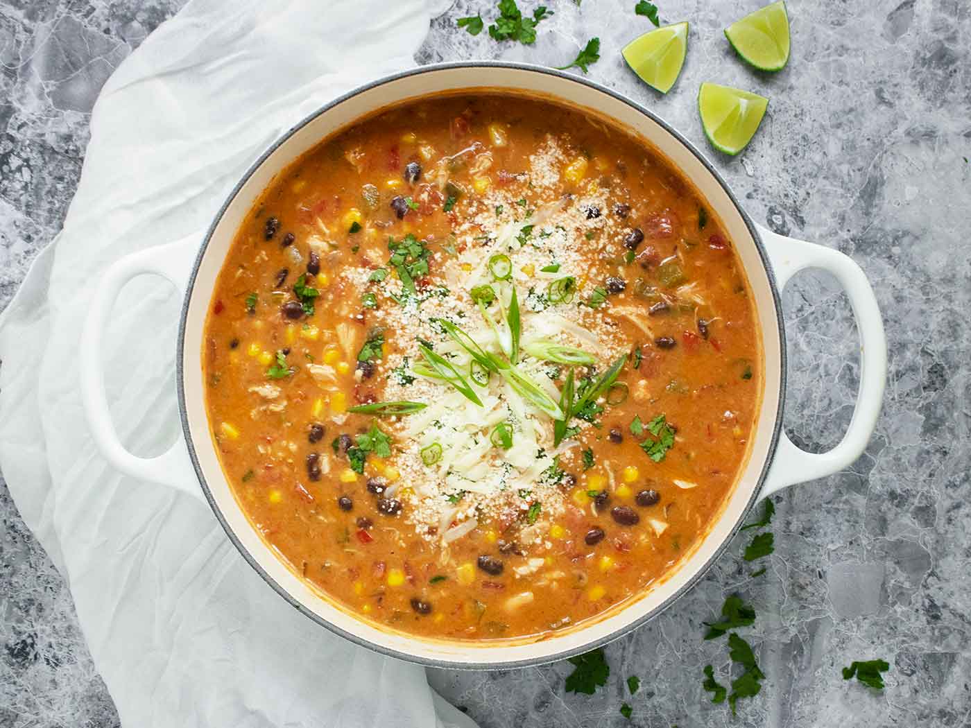 View from above of a pot of Chicken Enchilada Soup.
