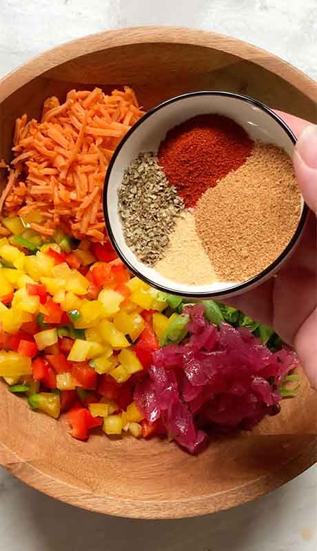Then a sprinkling of spices (smoked paprika, taco seasoning, garlic powder, and dried marjoram).