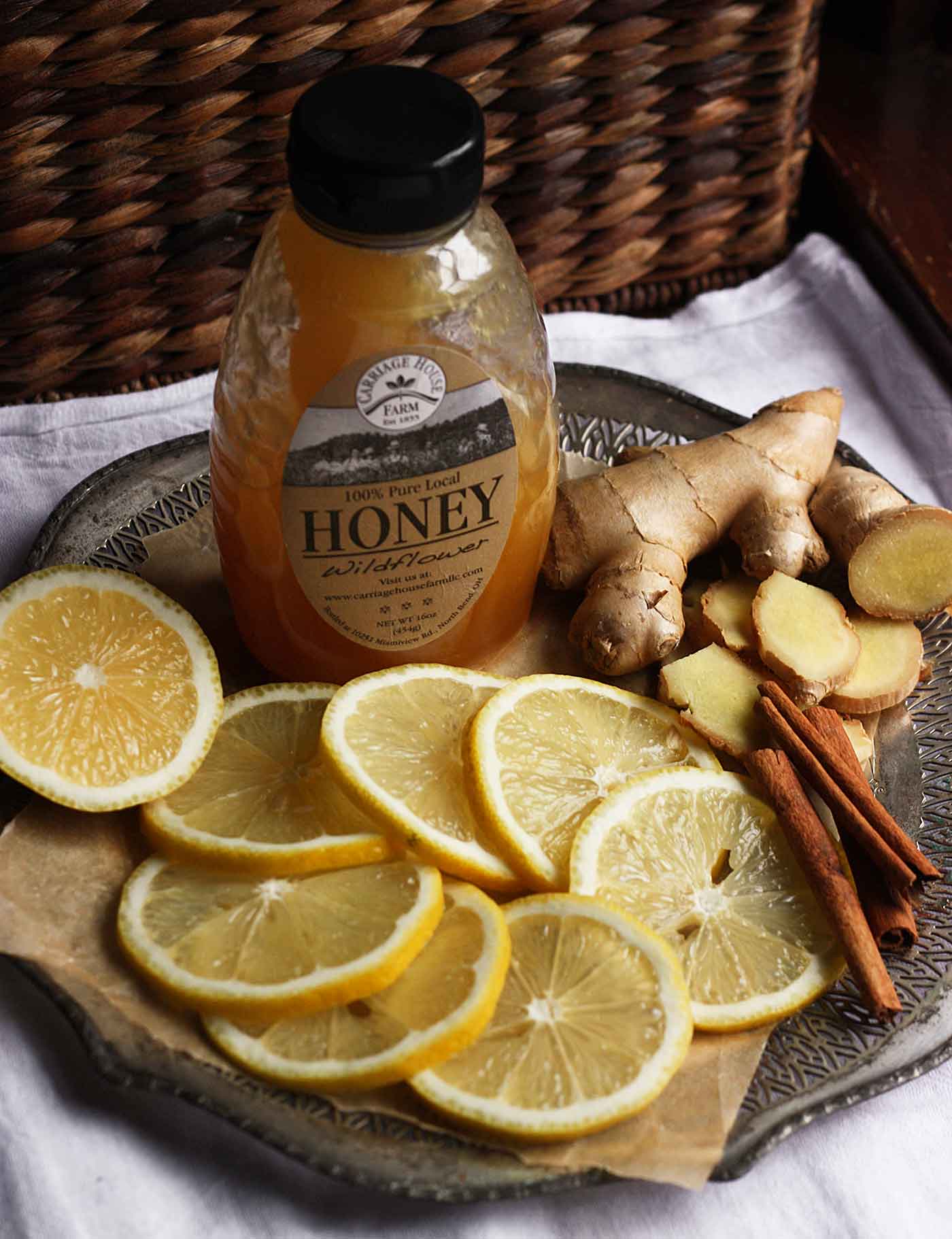 Ingredients for the cold elixir, arranged on a decorative metal tray.