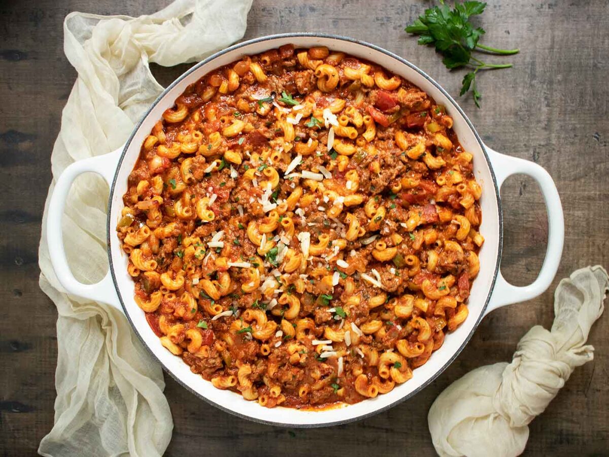 Overhead view of American Goulash in a skillet.