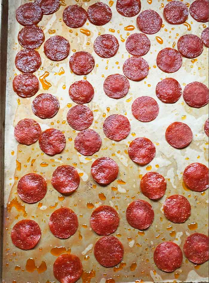 The baked pepperoni slices, fresh out of the oven.
