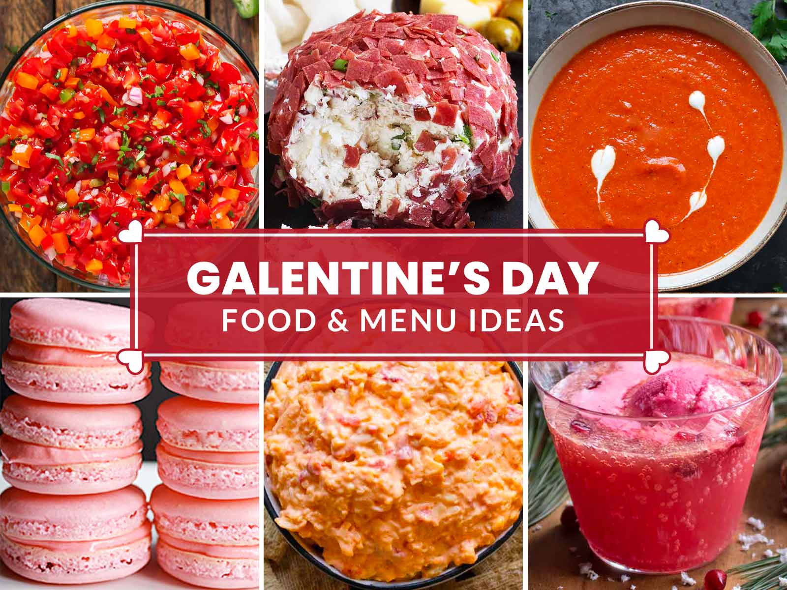 Photo collage featuring six photos of Galentine's Day recipes.