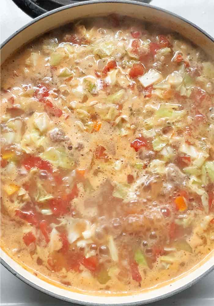 Soup simmering in the pot.