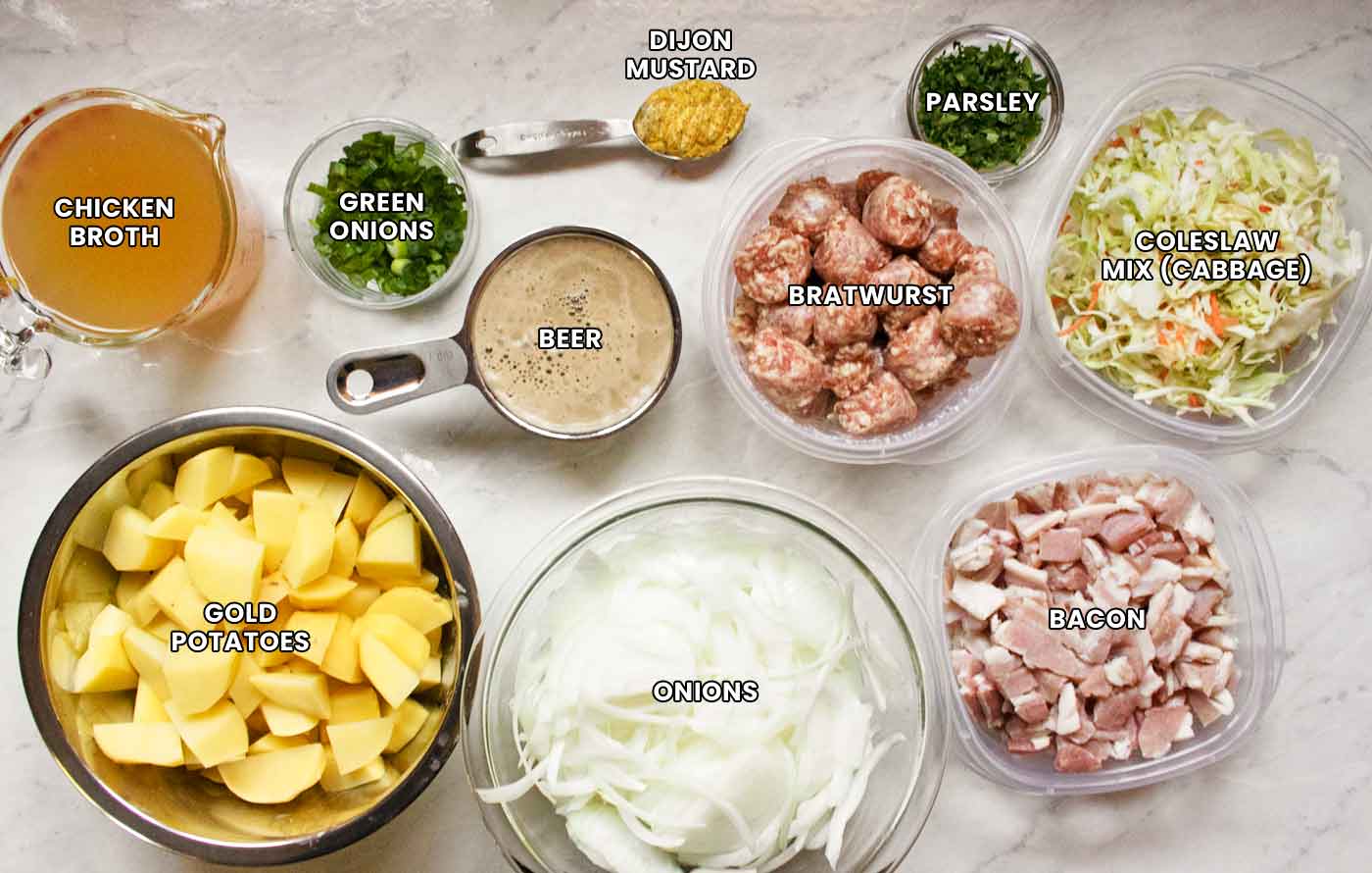 Ingredients for Dublin Coddle measured out into separate containers and arranged on a marble board.