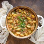 Overhead view of a pot of Dublin Coddle.
