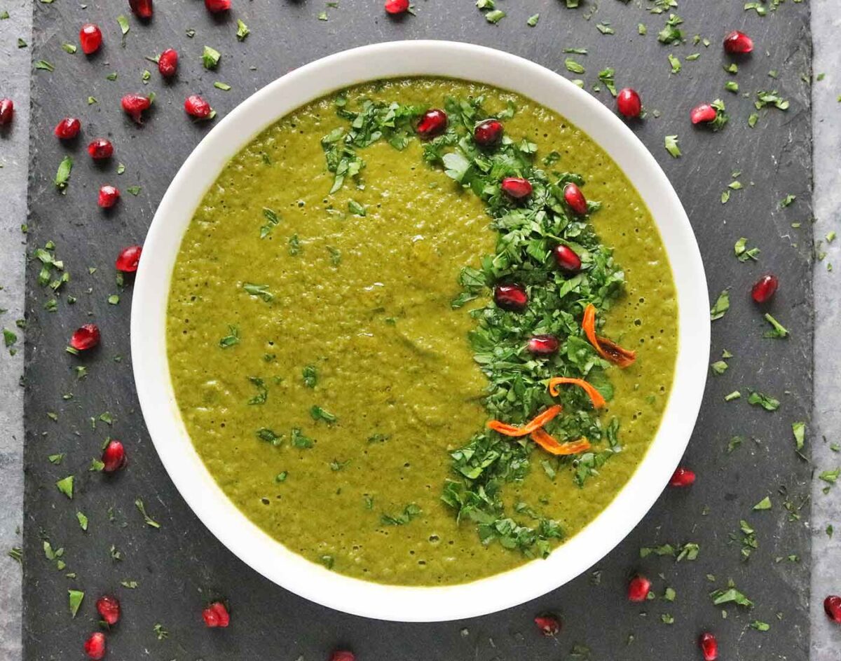 Green Soup in a white bowl.