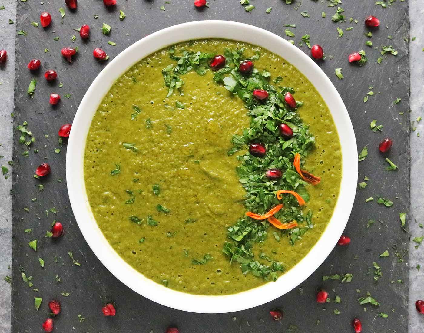 Green Soup in a white bowl.