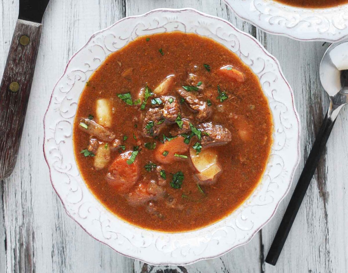 A bowl of Slow Cooker Guinness Beef Stew.