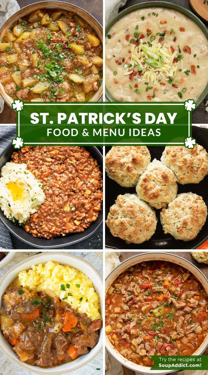 Pinterest pin image featuring a photo collage of 6 St. Patrick's Day themed recipes.