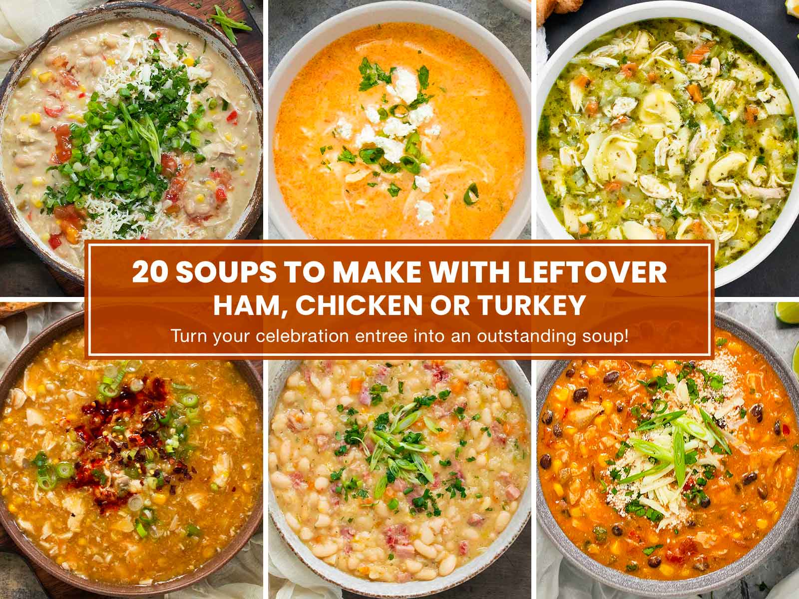 A photo collage featuring 6 photos of soup.