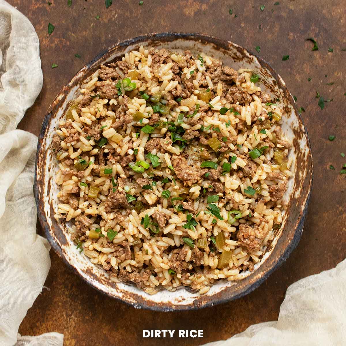 Easy Dirty Rice in a rustic bowl.