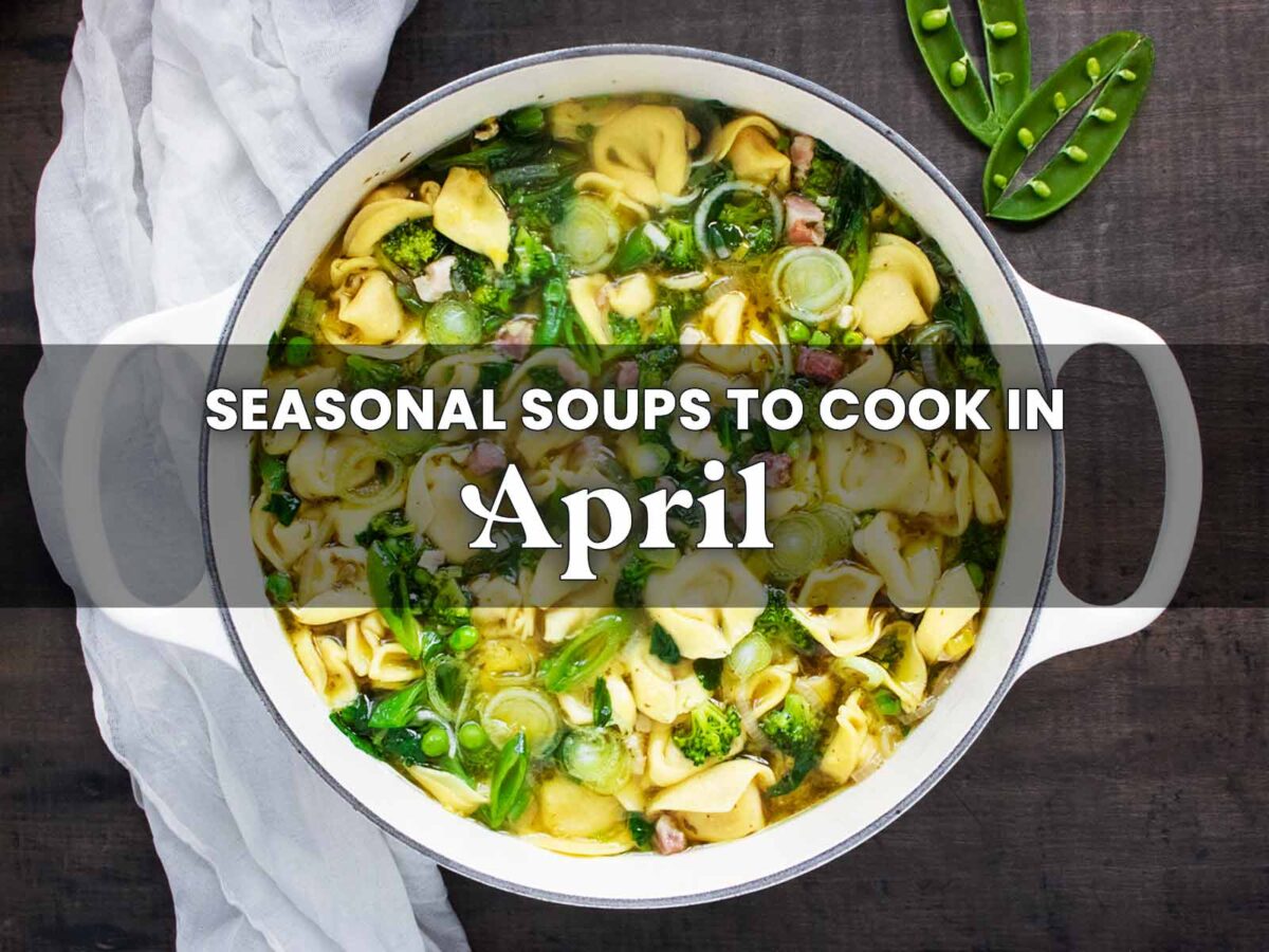 Overhead view of a pot of Tortellini Primavera Soup.