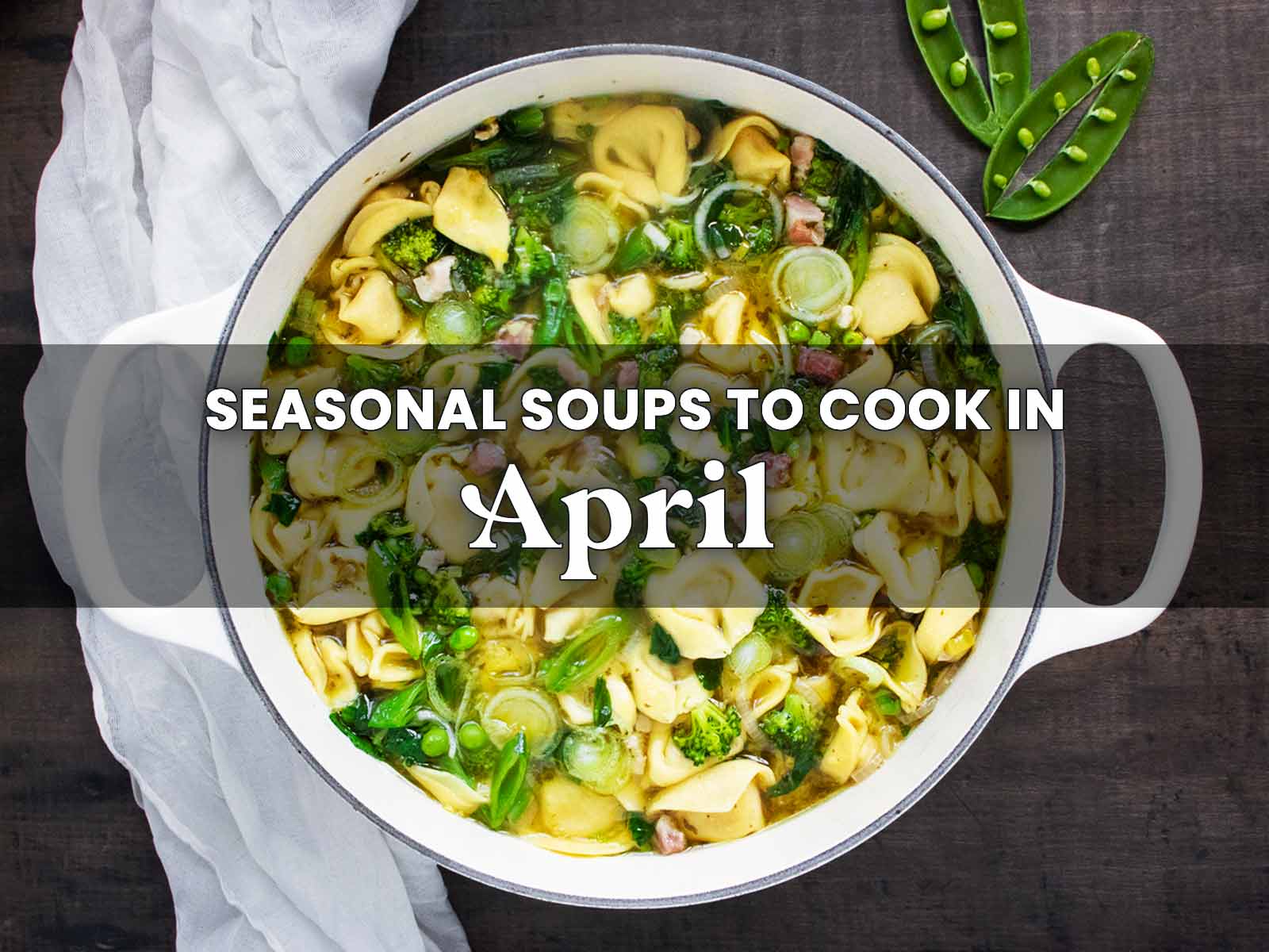 Overhead view of a pot of Tortellini Primavera Soup.