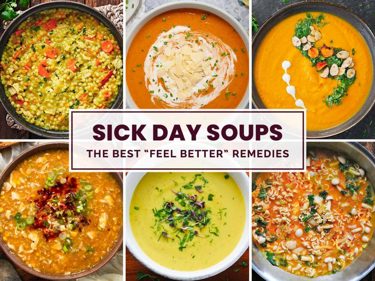 Photo collage featuring 6 recipes perfect as sick day soups.