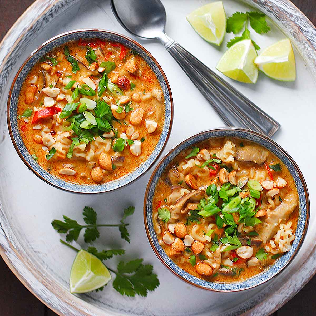 Two bowls of Vegetarian Thai Peanut Soup.