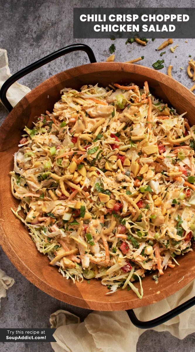 Pinterest pin image for Chili Crisp Chopped Chicken Salad.
