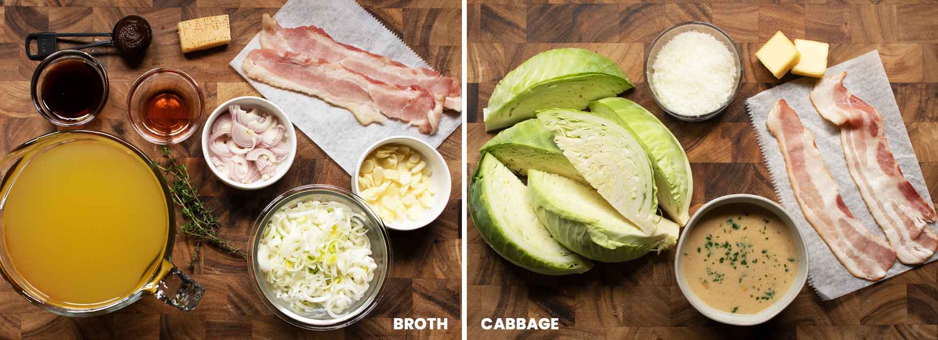 Dual photo of ingredients for the broth and the cabbage prepared and arranged on a wooden board.