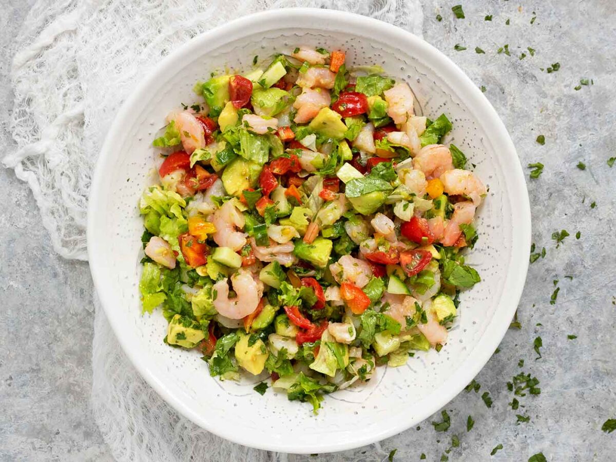 Avocado Shrimp Salsa Salad in a white bowl.