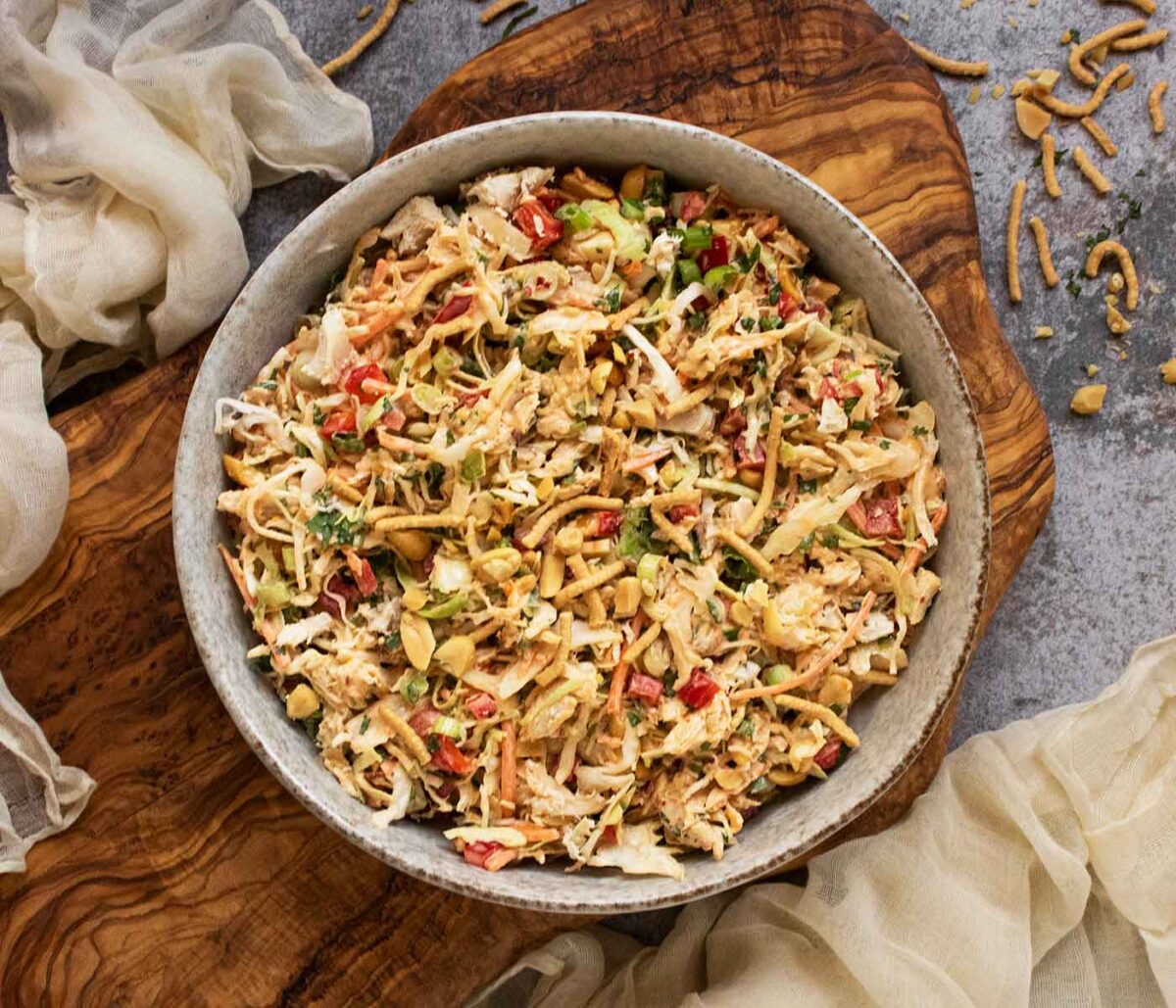 A bowl of Chili Crisp Chopped Chicken Salad.