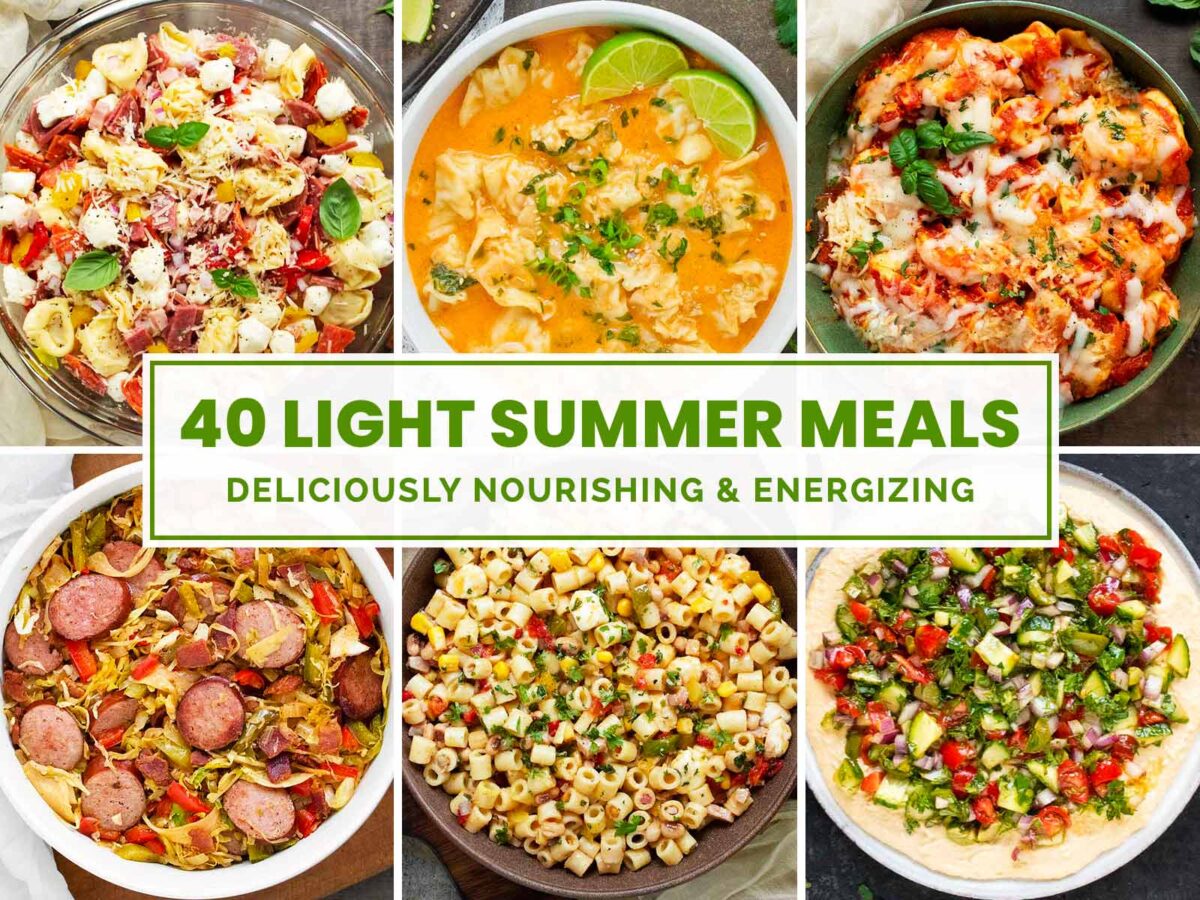 Photo collage with 6 recipe photos for light summer meals.