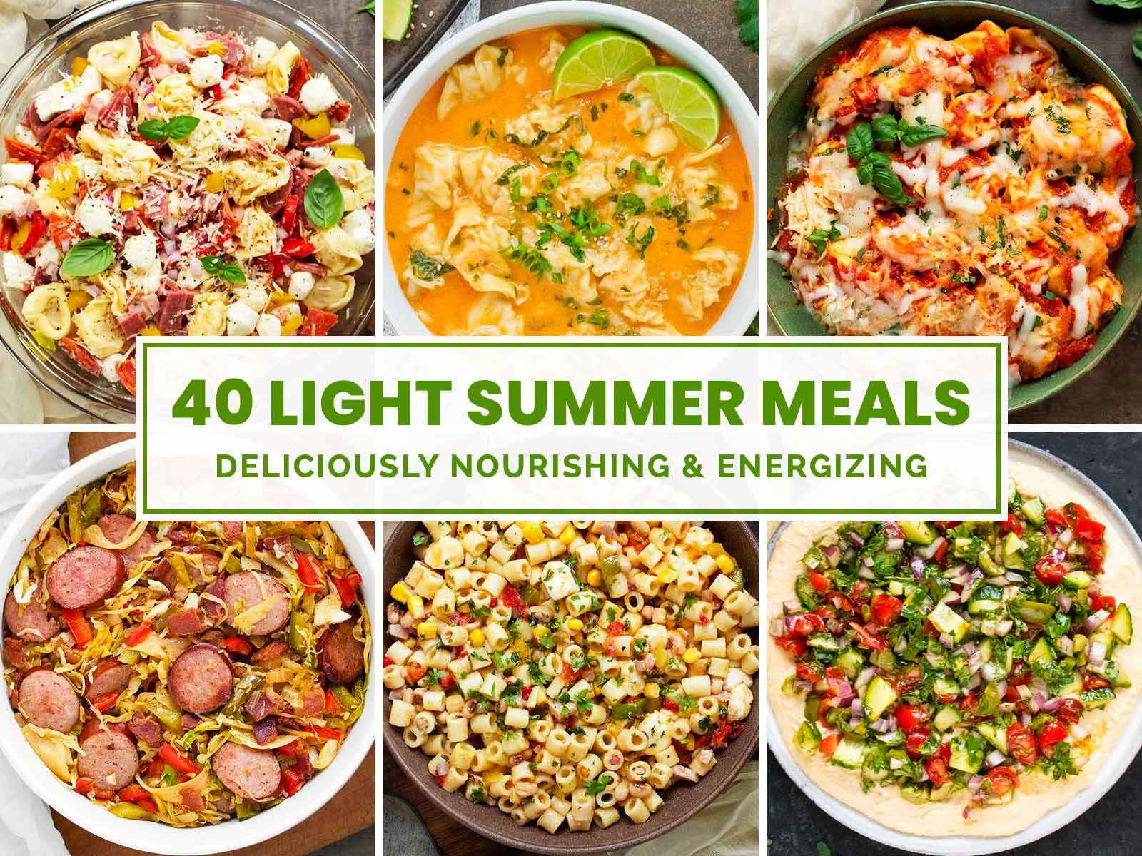 Photo collage with 6 recipe photos for light summer meals.