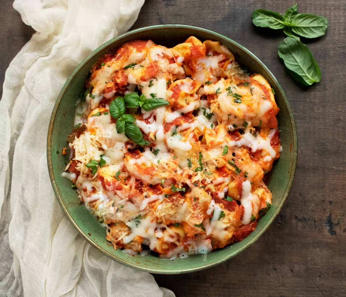 Overhead view of a bowl of Pizza Tortellini.