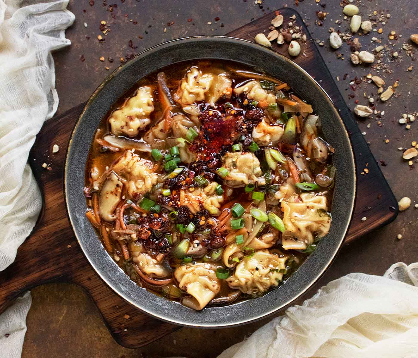 Overhead view of a bowl of Potsticker Soup.