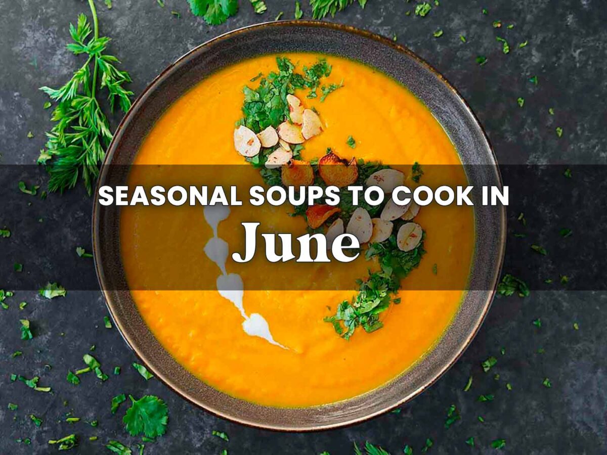 Overhead view of Carrot Turmeric Miso Soup, with a text overlay reading, Seasonal Soups to Cook in June.